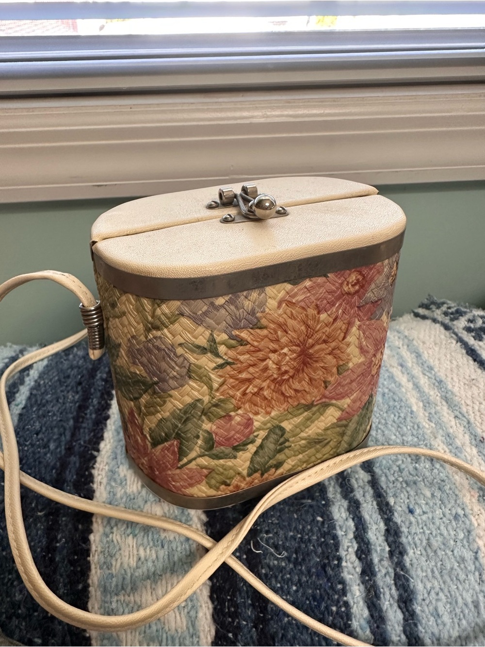 Floral Woven Textured crossbody bag - Cream, Pink, Green- vintage clasp